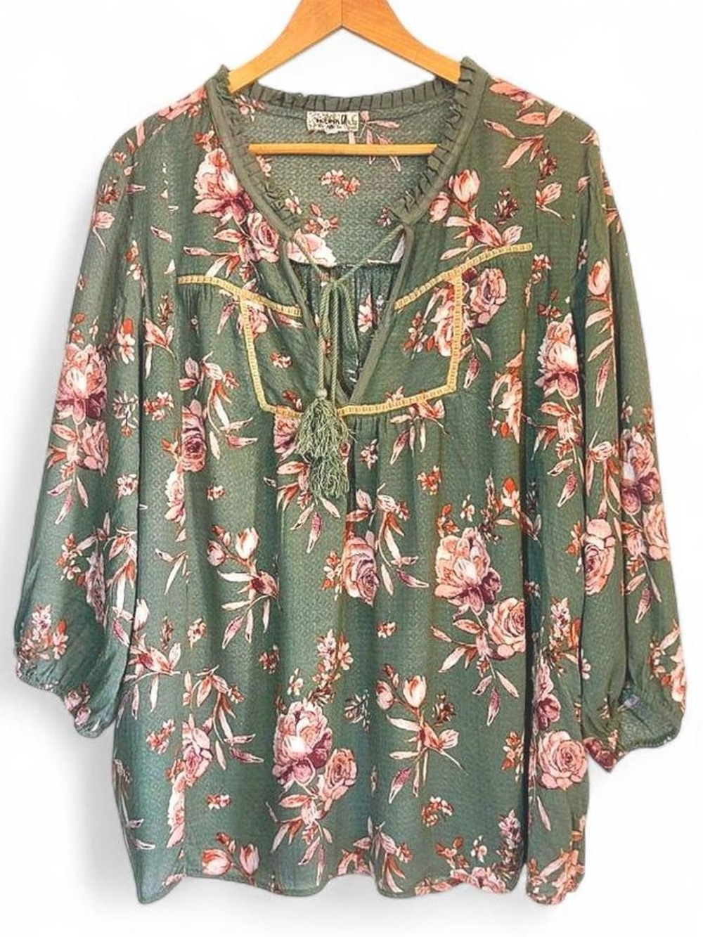 One World Boho Floral Micro-Mesh Blouse | Green & Pink Tassel Tie Top Size 2X